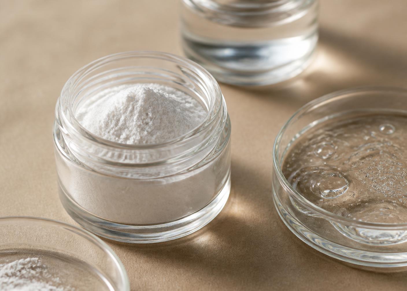 Laboratory sample jars holding fine white powder and clear gel